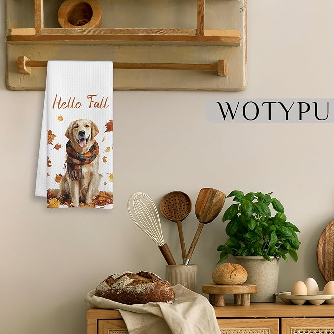 Fall Golden Retriever Kitchen Towels, Golden Retriever Lover Gifts Dish Tea Towel for Kitchen Decor, Farmhouse Fall Autumn Maple Leaf Dog Hand Towels for Bathroom Decor, 16x24 Inch