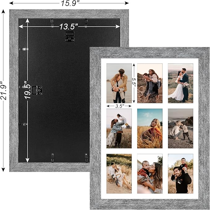 13.5x19.5 Picture Frame Display 9 opening 4X6 Picture Frame Collage,Multi Photo Frame with Mat,Plexiglass,Wall or Tabletop Decor,Grey Wood Grain