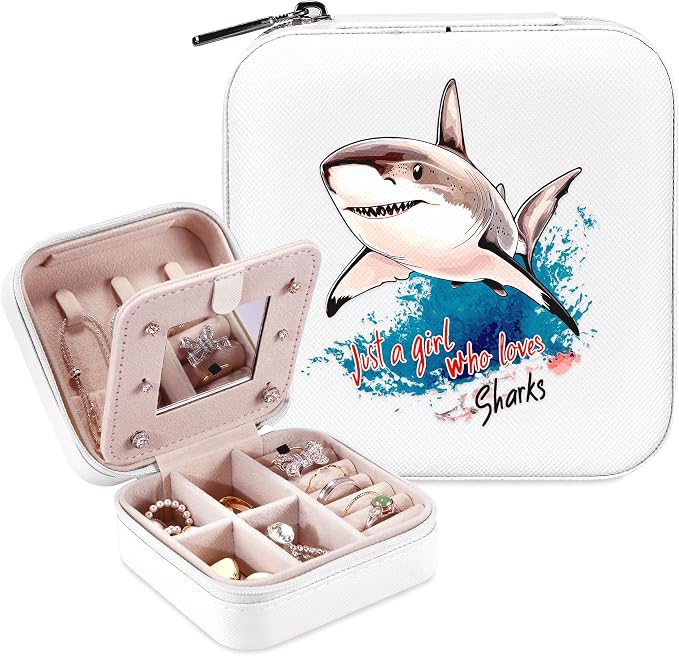 Shark Jewelry Box, Gifts For Teens Girls, Shark Lovers Stuff Items Accessories Things Merchandise Decor Merch, Travel Ring Earrings Necklace Organizer Holder!