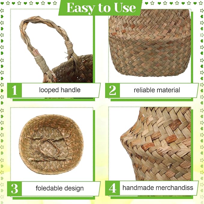 Qunclay 4 Pcs Woven Seagrass Baskets Belly Basket Folding Boho Natural Plant Pot with Handles Round Decorative Wicker Large Indoor Planter for Home Outdoor Tree Planters Decor (5.5 x 6.3 Inch)