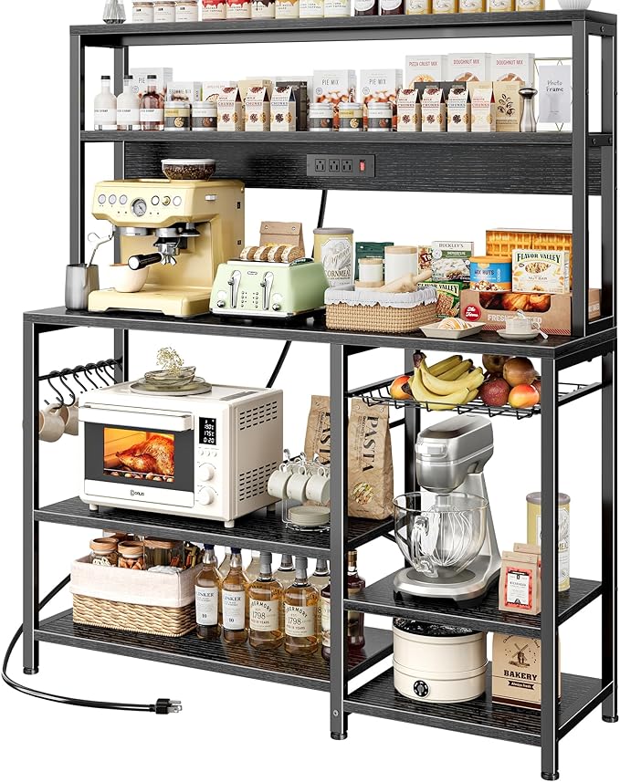 SUPERJARE Bakers Rack with Power Outlet, 47.2 Inches Coffee Bar with 3 Level-Adjustable Open Shelves, Wire Basket, Kitchen Microwave Stand with 6 S-Shaped Hooks, Black