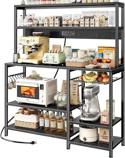 SUPERJARE Bakers Rack with Power Outlet, 47.2 Inches Coffee Bar with 3 Level-Adjustable Open Shelves, Wire Basket, Kitchen Microwave Stand with 6 S-Shaped Hooks, Black
