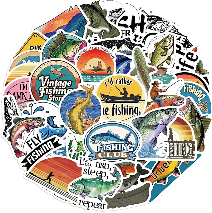 50Pcs Go Fishing Sticker, Cute Fish Stickers for Kids Teens Adults, Vinyl Cartoon Animals Decals Kawaii Outdoor Fishing Sticker for Decor Water Bottles Laptops Guitar Scrapbook