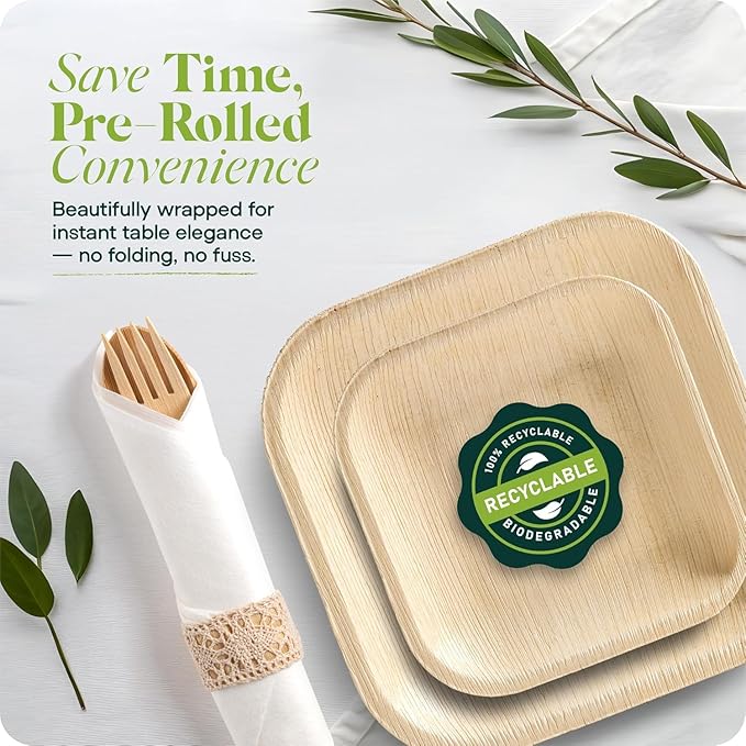 Pre Rolled Napkin and Bamboo Cutlery Set - 100 Pack Bamboo Utensils Wooden Cutlery 100 Forks 100 Knives 100 Spoons 100 Napkins, Pre Wrapped Disposable Silverware Cutlery for Party, Wedding, Events