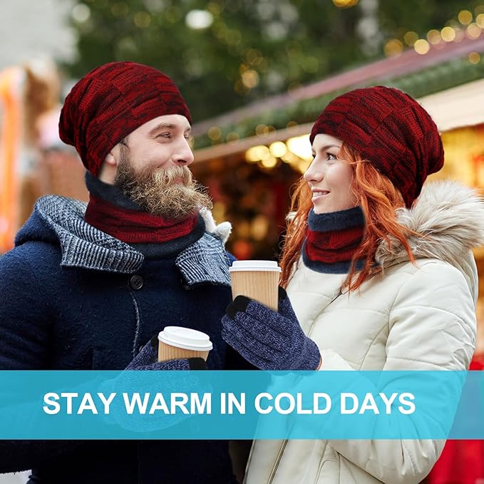 Winter Fleece Lined Beanie Hat Scarf Sock Touchscreen Gloves Set for Men Women