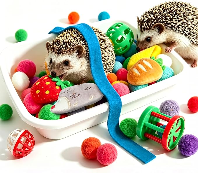 Hedgehog Toys & Accessories, Enrichment Toy Set with Dig Box & Balls | Plush Balls & Fabric Strips, Hedgehog Cage Accessories, Dig Box Toy, Digging Activities, Small Animal Enrichment