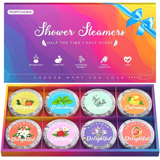 POPCHOSE Shower Steamers Aromatherapy – 8 Natural Scented Shower Bombs with Gift Box, Self Care Spa Gifts for Women, Men, Mom, Dad, and Teens – Relaxing Stocking Stuffers for Christmas, Birthday