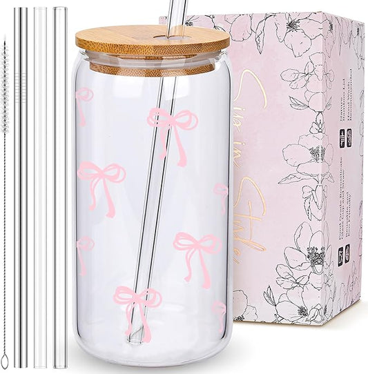 BIPEDS Coquette Cute Pink Bow Glass Cups with Lids and Straws, Aesthetic Iced Coffee Cup, Girly Preppy Design Tumbler Mug, Valentines Christmas Birthday Gifts for Women, Teen Girl Gifts Trendy Stuff