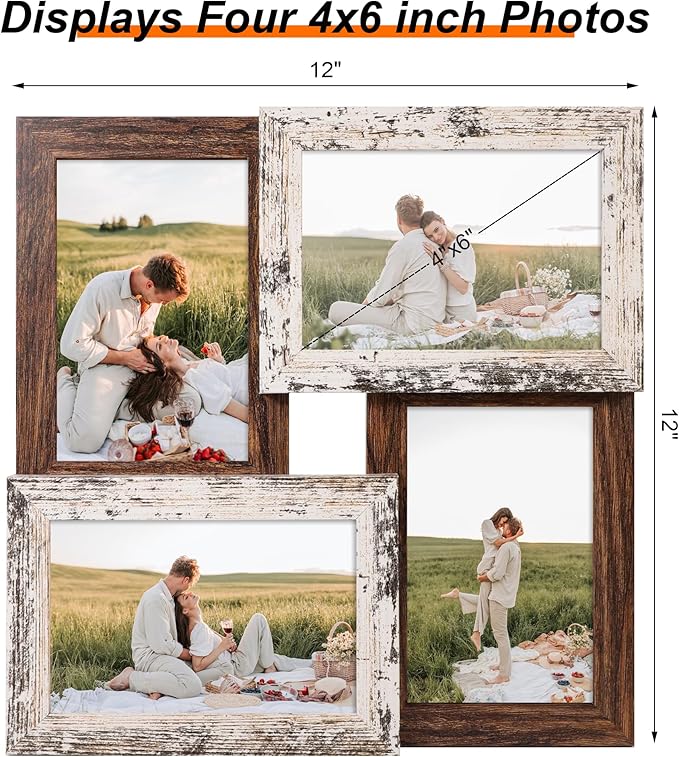 4x6 Collage Picture Frames, Multi Family Photo Frame with Real Glass, Displays Four 4x6 Photo, Wall Decor Wall Hanging or Tabletop, Distressed White+Rustic Brown