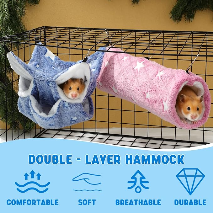 AceOrbit 6 Pcs Luminous Ferret Hammock Set 3 Tier Guinea Pig Hammocks Rat Hanging Tunnel Warm Soft Hamster Hideout Plush Small Animals Bed for Sugar Glider Cage Accessories Hide, Play and Sleep