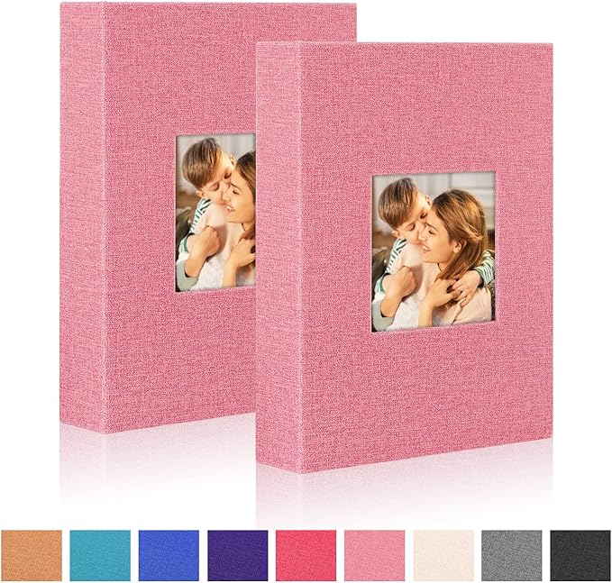 Ywlake Photo Album 4x6 100 Pockets 2 Packs, Small Mini Capacity Linen Photo Album Bulk Sets, Each Pack Holds 100 Top Loader Vertical Only Picture for Kids Boy Girls Pink