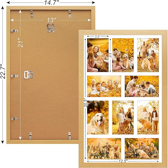 13x21 Collage frame with 10 Openings 4X6 Pictures, Multiple Picture Frame with Mat, Wall or Tabletop Decor, Natural Wood Grain,2 Pack