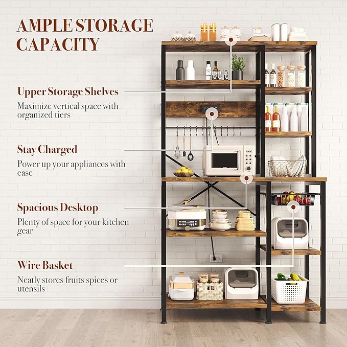 GRUSIGN Kitchen Bakers Rack with Storage, 6-Tier Coffee Bar Station with Power Outlet, Microwave Stand with 12 S-Shaped Hooks, Open Kitchen Storage Shelves for Spices, Pots and Pans, Rustic Brown