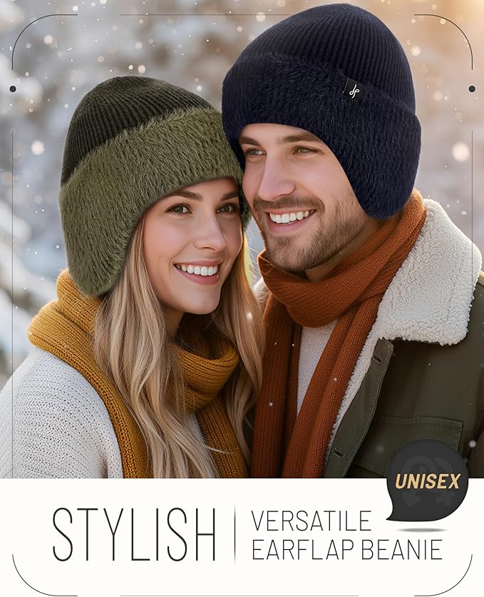 Winter Fleece-Lined Beanie with Earflaps, Warm Windproof Unisex Beanie Hat for Skiing, Hiking & Outdoor Winter Sports