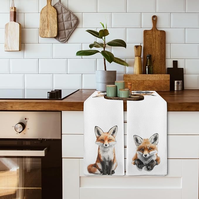 Funny Fall Fox Kitchen Towels and Dishcloths Sets of 2, Fox Decor Stuff Gifts, Woodsy Rustic Cabin Lodge Forest Nursery Home Hunting Decor Dish Hand Tea Towels for Bathroom Kitchen, 16x24Inch
