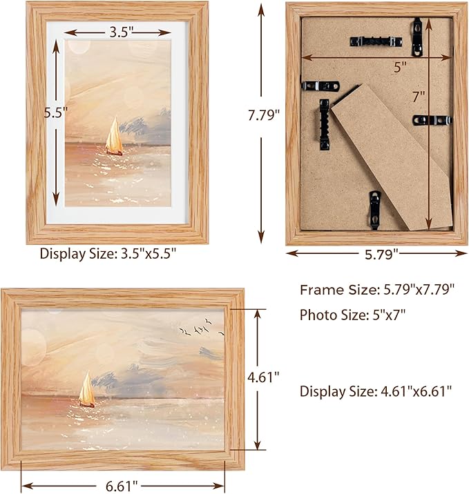 5x7 Picture Frame, Solid Oak Wood 5 x 7 Frame with Plexiglass, 5 by 7 Photo Frame for Wall & Tabletop Display, 5x7 Picture Frame Matted to 4x6, Natural Oak Color, 1 Pack