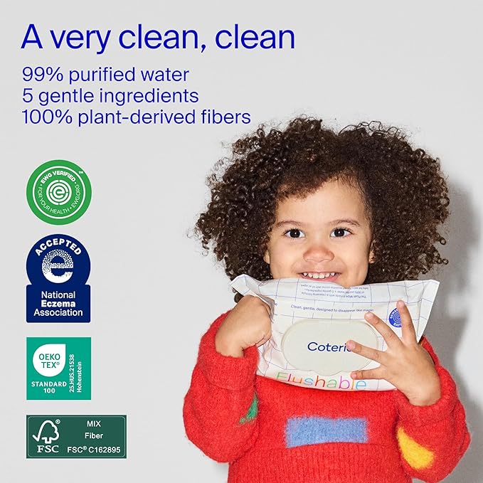Coterie Flushable Wipes for Toddlers, Designed for Potty Training, Safe for Sensitive Skin, Hypoallergenic, 99% Water, Plant-Based, Fragrance Free, Sewer & Septic Safe, 8 Pack (448 Wipes)
