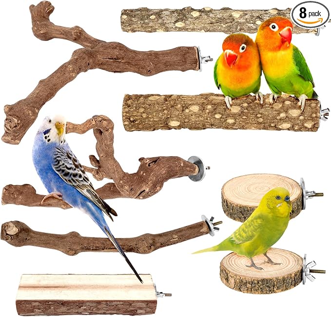 8 Pcs Natural Grape Wood Bird Perch & Platform Set for Cages | Ideal for Small/Medium Birds (Budgies, Conures) | Bark Textures for Foot Health | Tool-Free Wing-Nut | Safe Chewing