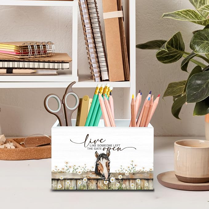 DILSJ Inspirational Horse 2 Compartment Pen Pencil Holder Organizer for Desk, Horse Gifts for Women, Live Like Someone Left The Gate Open Wooden Box Signs for Home Office Desk Tabletop Decoration