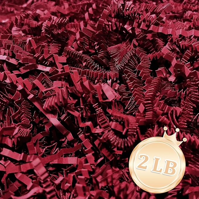 2 LB Deep Red Crinkle Cut Paper Shred Filler Great for Gift Wrapping, Deep Red Basket Fillers, Birthday, Gift Wrapping, Anniversary, Halloween Thanksgiving Christmas Party Decor Filling Supplies
