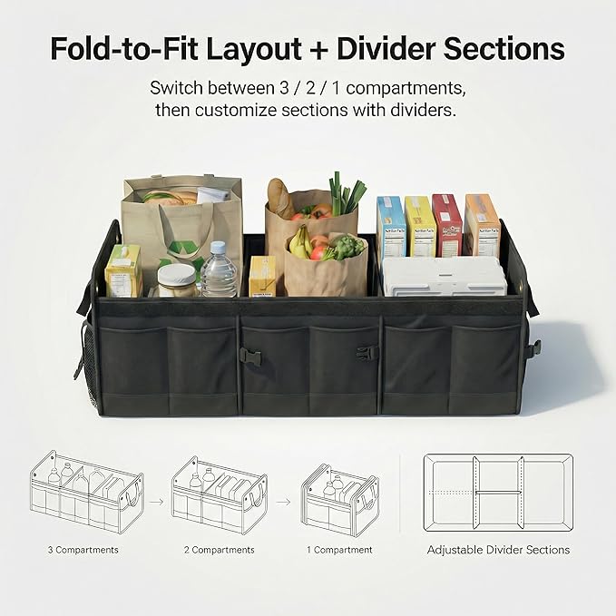 1680D Trunk Organizer with Lid, Extra-Large 114L Collapsible Cargo Organizer for SUVs, Trucks & Large Cargo Areas, Rigid PP Panels, 800D x 800D Weave, Water-Repellent, Anti-Sag Design
