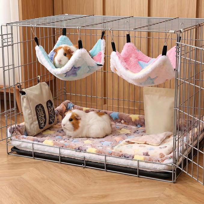 2 Pack Warm Fleece Hanging Corner Pet Rat Hammock with Hooks | Small Animal Hammocks Bed Hideout Swing Cage Accessories for Squirrels Sugar Gliders Guinea Pigs Hamsters Ferret Chinchilla