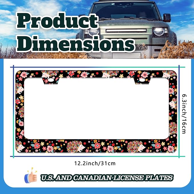 Cute Hedgehog Flowers License Plate Frame Stainless Steel 6.3 X 12.2 Inch | Fits US Standard With Screws Rust Resistant For Car Front Rear Decoration Accessories Easy Installation For Cars SUV Truck