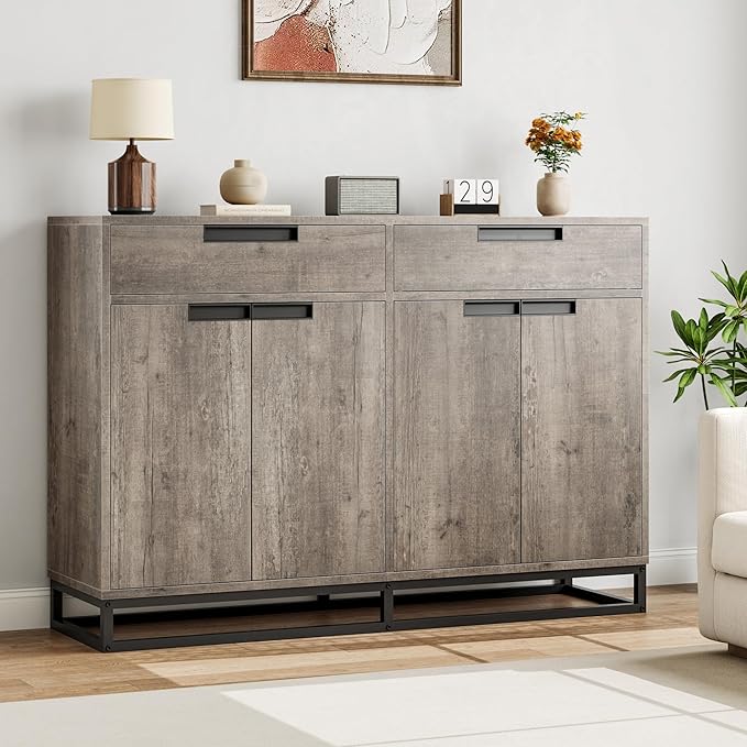 Garvee Kitchen Buffet Cabinet 55 Inch Large Modern Sideboard with 2 Drawers and 4 Doors, Coffee Bar Buffet Table for Kitchen and Dining Room, Grey