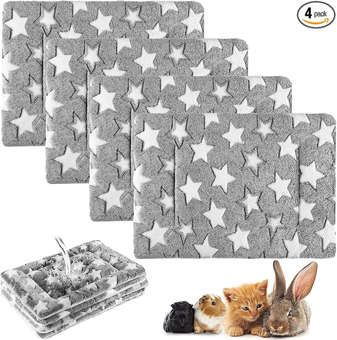 Haull 4 Pcs Waterproof Guinea Pig Bedding Soft Dog Cat Bed Crate Mat Small Animal Plush Cage Liners Rabbit Bunny Kennel Pad Reversible Cozy Pee Thickened Hamster Pad(Gray Star,13 x 18.5 Inch)