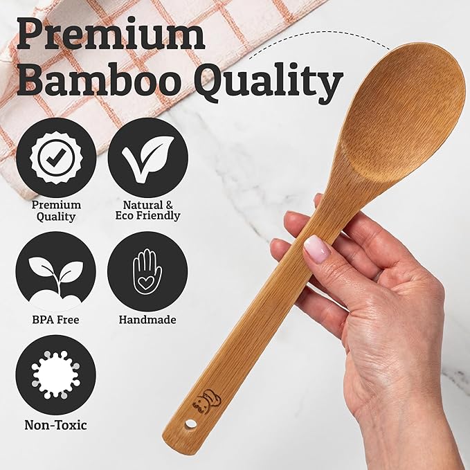 PriorityChef Wooden Spoons for Cooking, 9Pc with Tongs, Non Scratch Bamboo Cooking Utensils, Non-Toxic Wooden Utensil Set, Easy to Clean Kitchen Utensils Set for Everyday Use on All Cookware Types