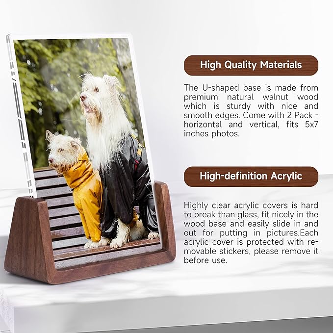 5x7 Picture Frame - 2 Pack, Rustic Wooden Photo Frame with Walnut Wood Base and High Definition Acrylic Glass Covers for Tabletop or Desktop Display (5x7 inch, Horizontal + Vertical)