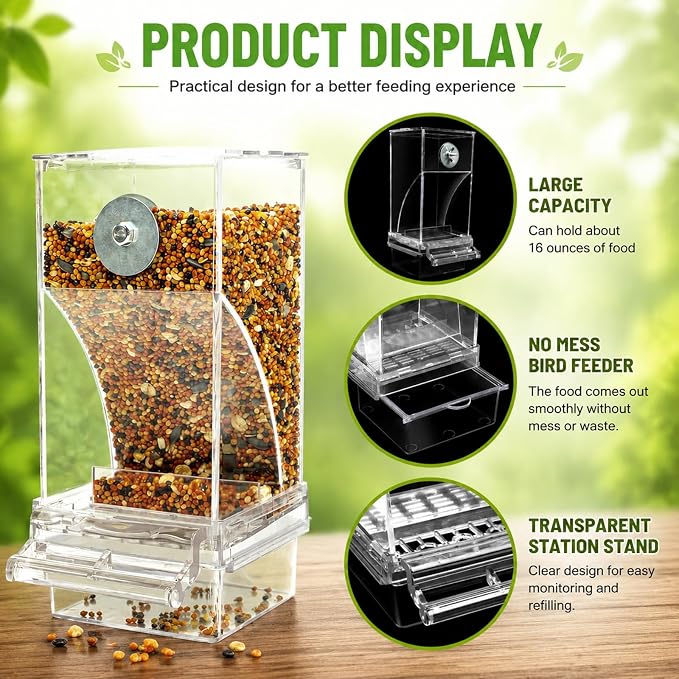 Rypet No-Mess Automatic Bird Feeder, Parakeet Cage Accessories | Transparent Acrylic Food Level Check, Helps Reduce Seed Scatter, for Small Birds Cockatiel Parrot Canary