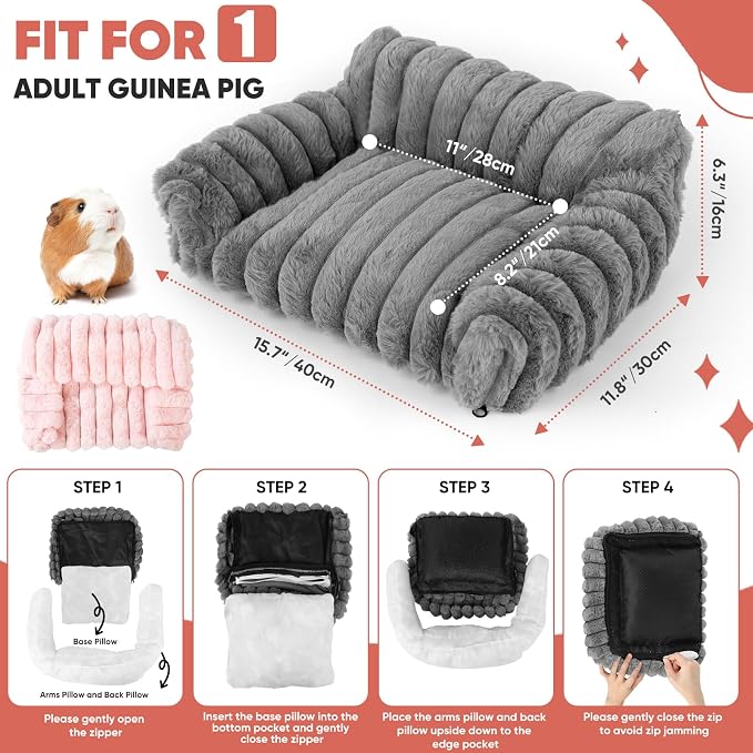 Guinea Pig Couch - Fluffy Small Pet Sofa with with Two Removable Washable Covers, Guinea Pig Bed with Stuffed Arms and Back, Super Cozy Corduroy Fleece, Pink and Dark Gray Respectively