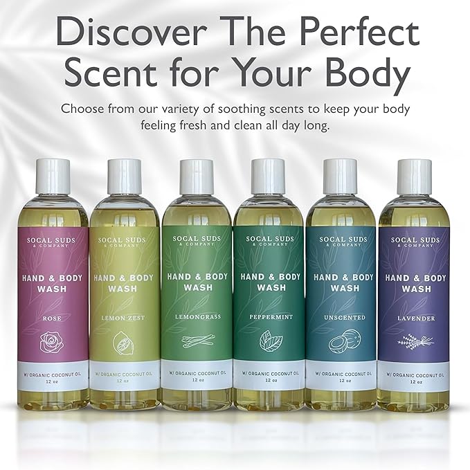SoCal Suds & Company - 12oz Organic Soap Liquid, Gentle Hand & Body Wash, Organic Body Wash for Men and Women, Made w/Organic Oils & Coconut Oil, Bath Essentials for All Skin Types - Lemongrass
