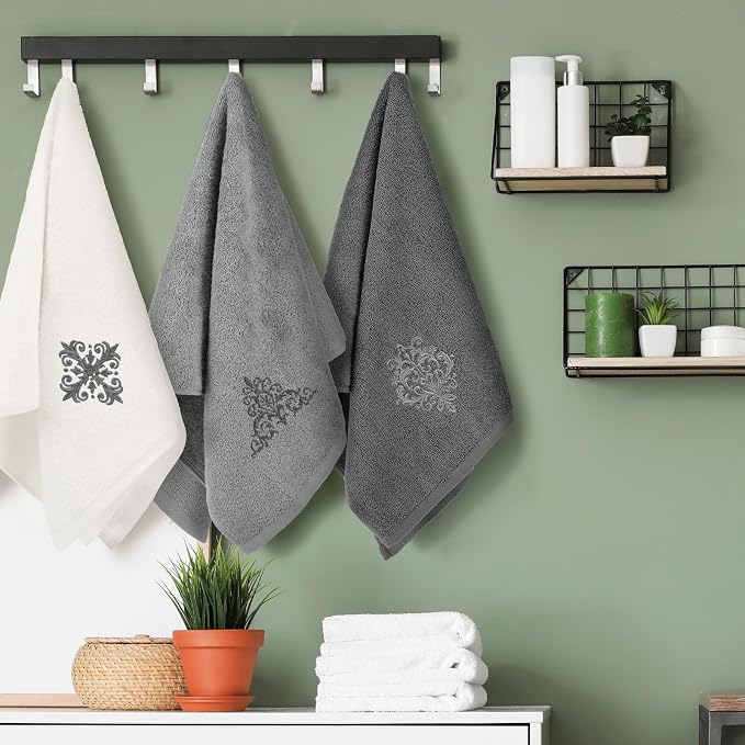 3 Pcs Decorative Hand Towels for Bathroom | 13.3 x 29.5'' Fancy Vintage Damascus Embroidered 100% Cotton Towels Farmhouse Decor for Bathroom Kitchen