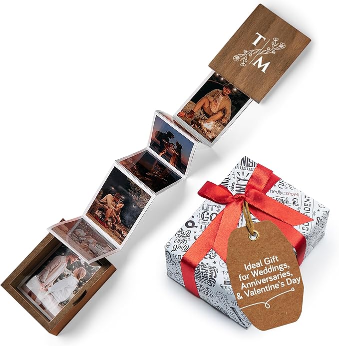 udelf Personalized Wooden Keepsake Box with Initials – 10 Pull-Out Photos, 3"x2", Wedding & Anniversary Memory Storage (Initial-Vertical)