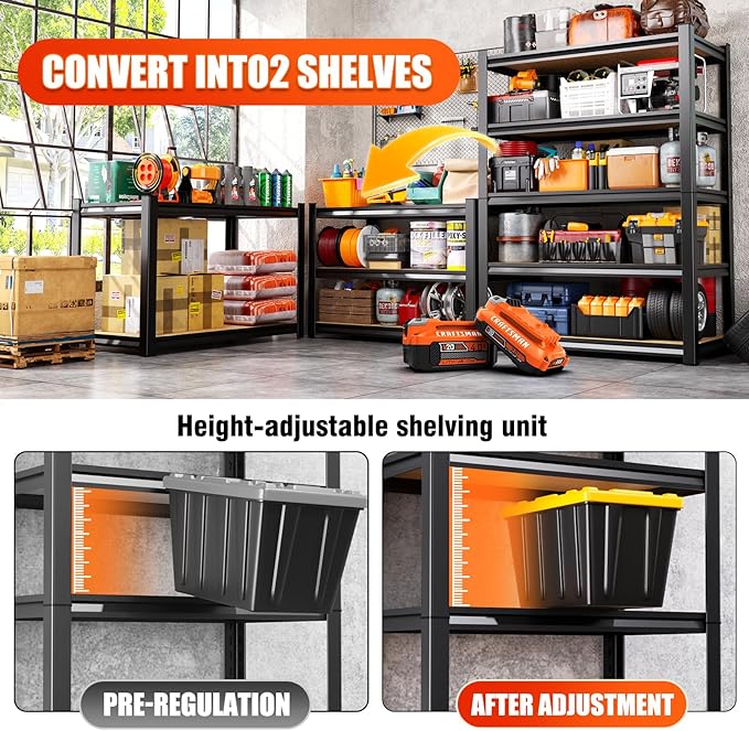 71.2" H Garage Shelving Heavy Duty Storage Shelves, Metal Adjustable Shelving Unit, Utility Garage Organizer Shelf for Basement, Pantry, Kitchen, Warehouse,11.8" Dx27.5 Wx71.2 H Black