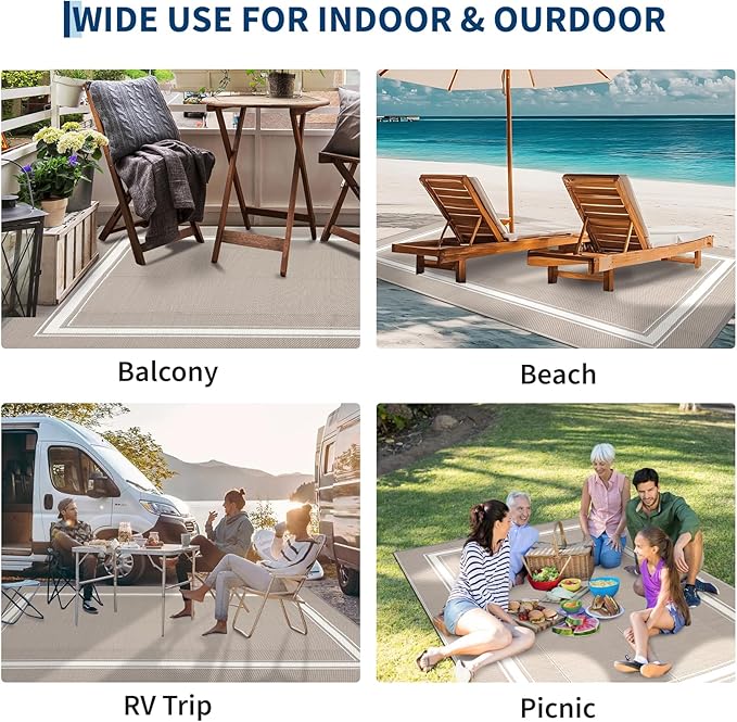 Waterproof Outdoor Rug 9x12 Reversible Plastic Straw Rug Modern Bordered Large Floor Carpet UV Resistant Camping Mat for Outsides RV Patio Backyard Picnic Deck Grey/White