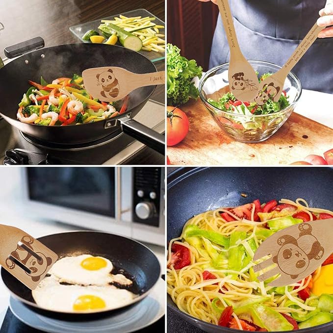 5PCS Panda Wooden Cooking Spoons Set Bamboo Cooking Spoons | Panda Kitchen Decor Housewarming Wedding Anniversary Thanksgiving Christmas for Mom Women Animal Lovers