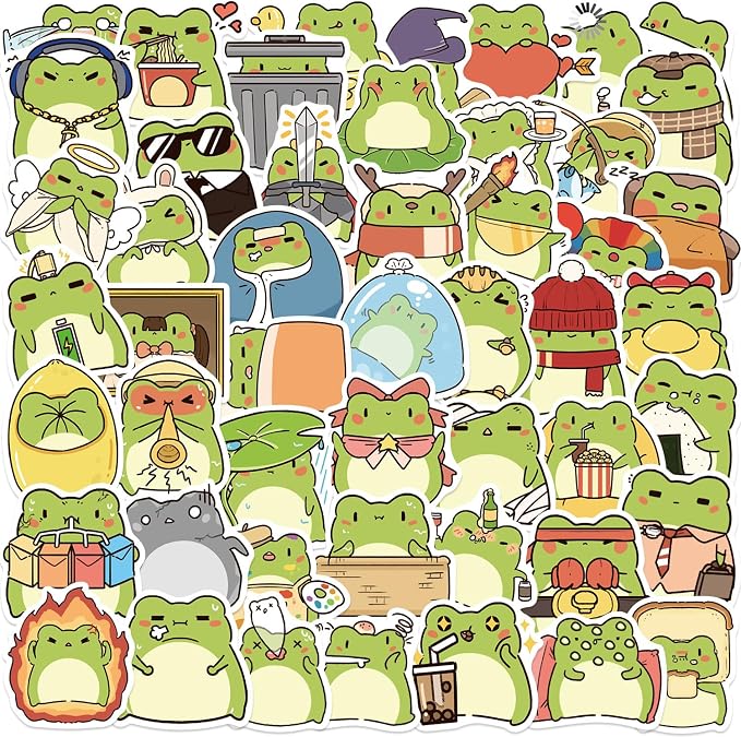 50Pcs Frog Stickers for Kids Teens Adults, Vinyl Cartoon Animals Decals Kawaii Sticker for Decor Water Bottles Laptops Guitar Scrapbook (Frog)