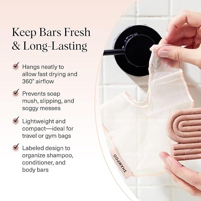 Kitsch Bar Soap Saver Bag – Patented Mesh Bag Soap Holder for Shampoo and Conditioner Bars - Extends Use & Prevents Soggy Mess - Recycled Mesh Beauty Pouch, Eco-Friendly – Blush