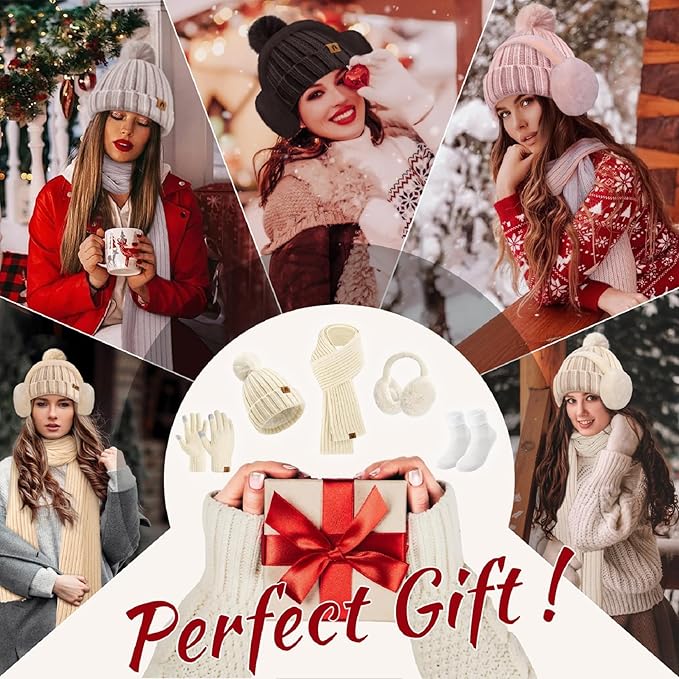 HEEKPEK Winter Beanie Hats Scarf Gloves Ear Muffs Fuzzy Socks 5pcs Set for Women Cold Weather Beanies Touch Screen Gloves