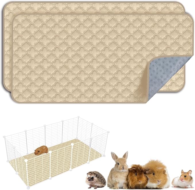 FunFurry Washable Guinea Pig Cage Liner - 2 Pack Reusable Washable Pee Pads，Waterproof Guinea Pig Bedding for Small Animal - Rabbit Bunny Hamster Puppy (Cream, 24" X 47" - 2 Pack)
