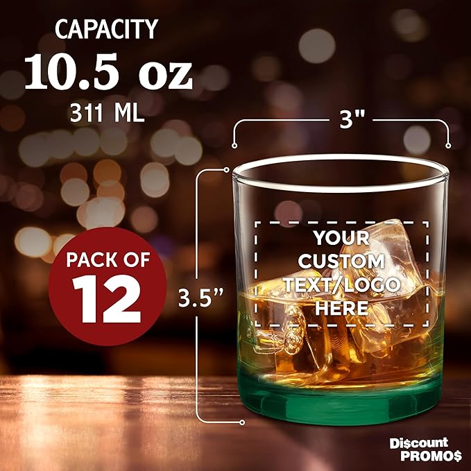 Custom Lexington Rocks Whiskey Glass 10.5 oz, Set of 12, Personalized Bulk Pack - Perfect for Scotch, Bourbon, Whiskey, Cocktail - Green