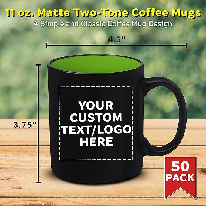 DISCOUNT PROMOS 50 Matte Two-Tone Coffee Mugs Set, 11 oz. - Customizable Text, Logo - Stoneware, Drinkware, Durable, C-handle - Lime Green