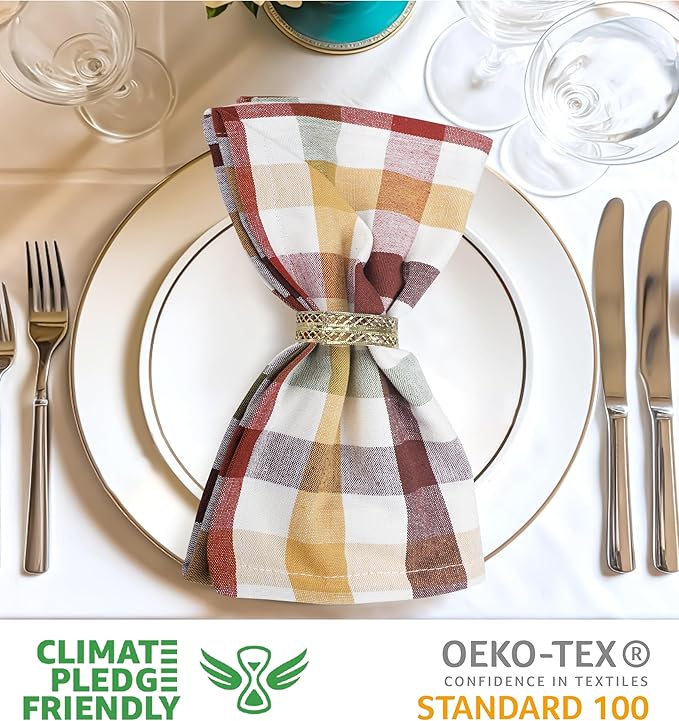 Urban Villa Cotton Dinner Napkins Set of 6, Highly Absorbent 20x20 Inches Premium Cloth Napkins Hotel Quality Reusable & Washable Table Dinner Napkins for Home & Weddings - Harvest, Checks