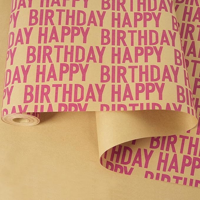 MAMUNU Birthday Wrapping Paper Roll, Red and Brown Kraft Happy Birthday Wrapping Paper Jumbo Roll, Gift Wrap Paper Set for Men Women Boys Girls, 17x590 Inch (70 sq. ft.)