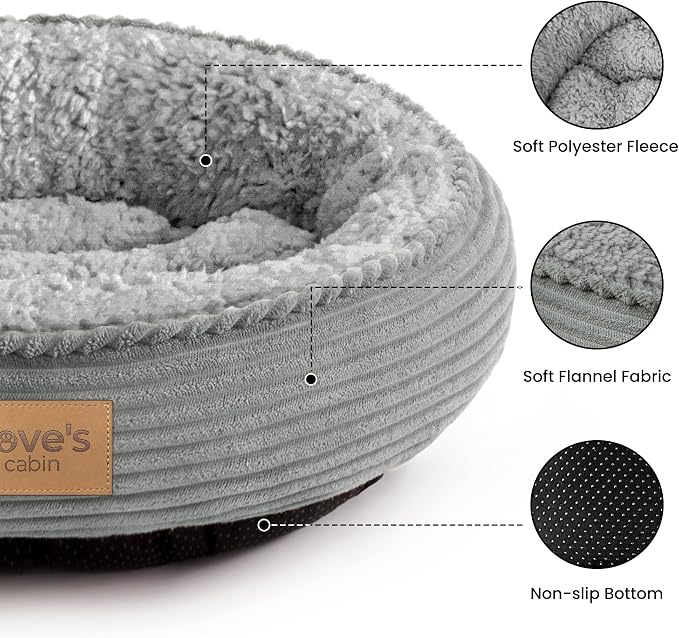 Love's cabin Round Donut Cat and Dog Cushion Bed, 20in Pet Bed for Cats or Small Dogs, Anti-Slip & Water-Resistant Bottom, Super Soft Durable Fabric Pet beds, Washable Luxury Bed Solid Grey Stripe