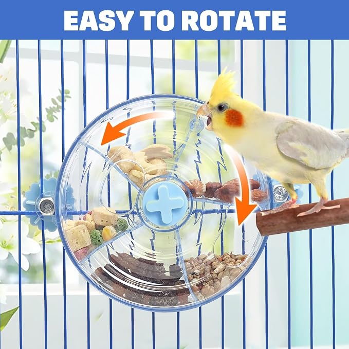 BNOSDM Bird Foraging Toy Creative Feeder Systems with Seed Food Rotating Wheel for Enrichment & Training Parrot Puzzle Toys Ideal for Small and Medium Cockatiel Parakeet Conure(Blue)