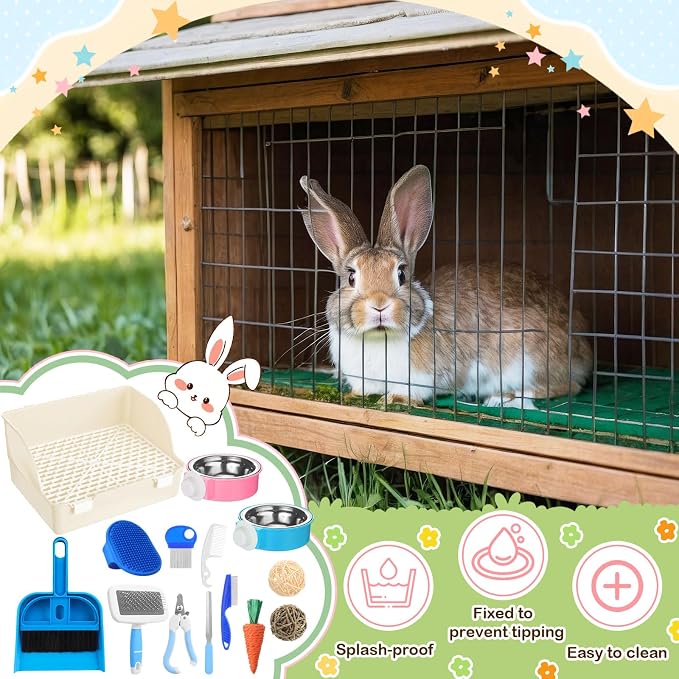Reallnaive 15 Pcs Rabbit Starter Kit Small Rabbit Litter Box Girls Gift Animal Grooming Kit Bunny Toys Bowl Blankets with Cleaning Set for Guinea Pig Accessories(Beige)